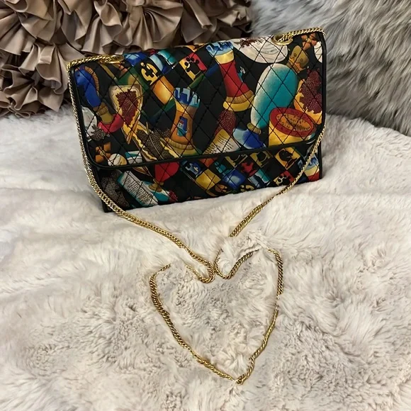 Vintage Nicole Miller Quilted Multi Jewel Tone Satin Absolut Chain Crossbody Bag